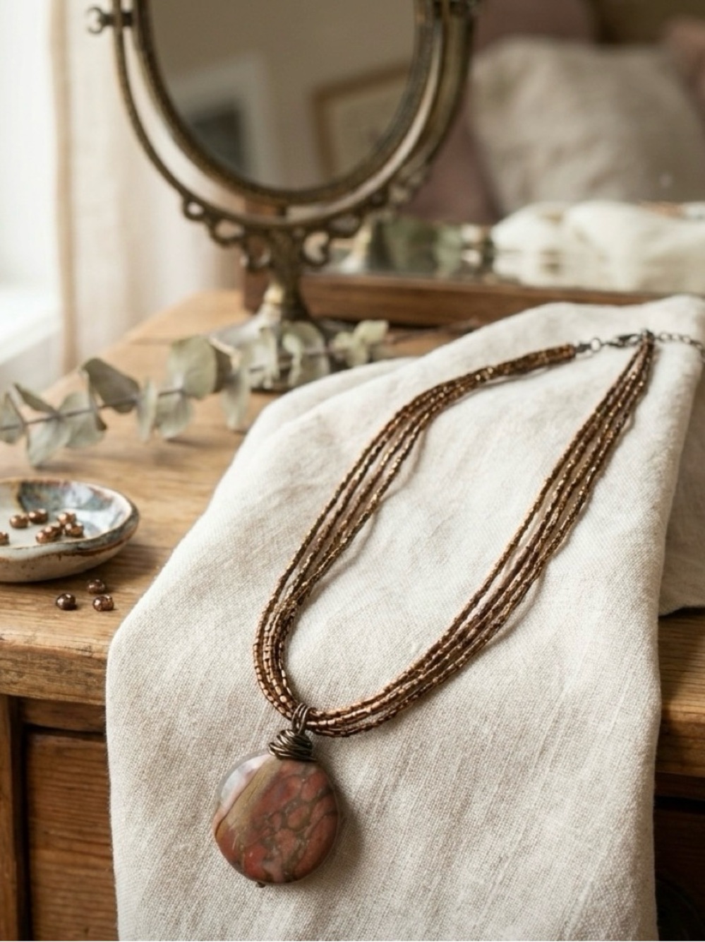 Layered Brown Beaded Necklace with Jasper Pendant